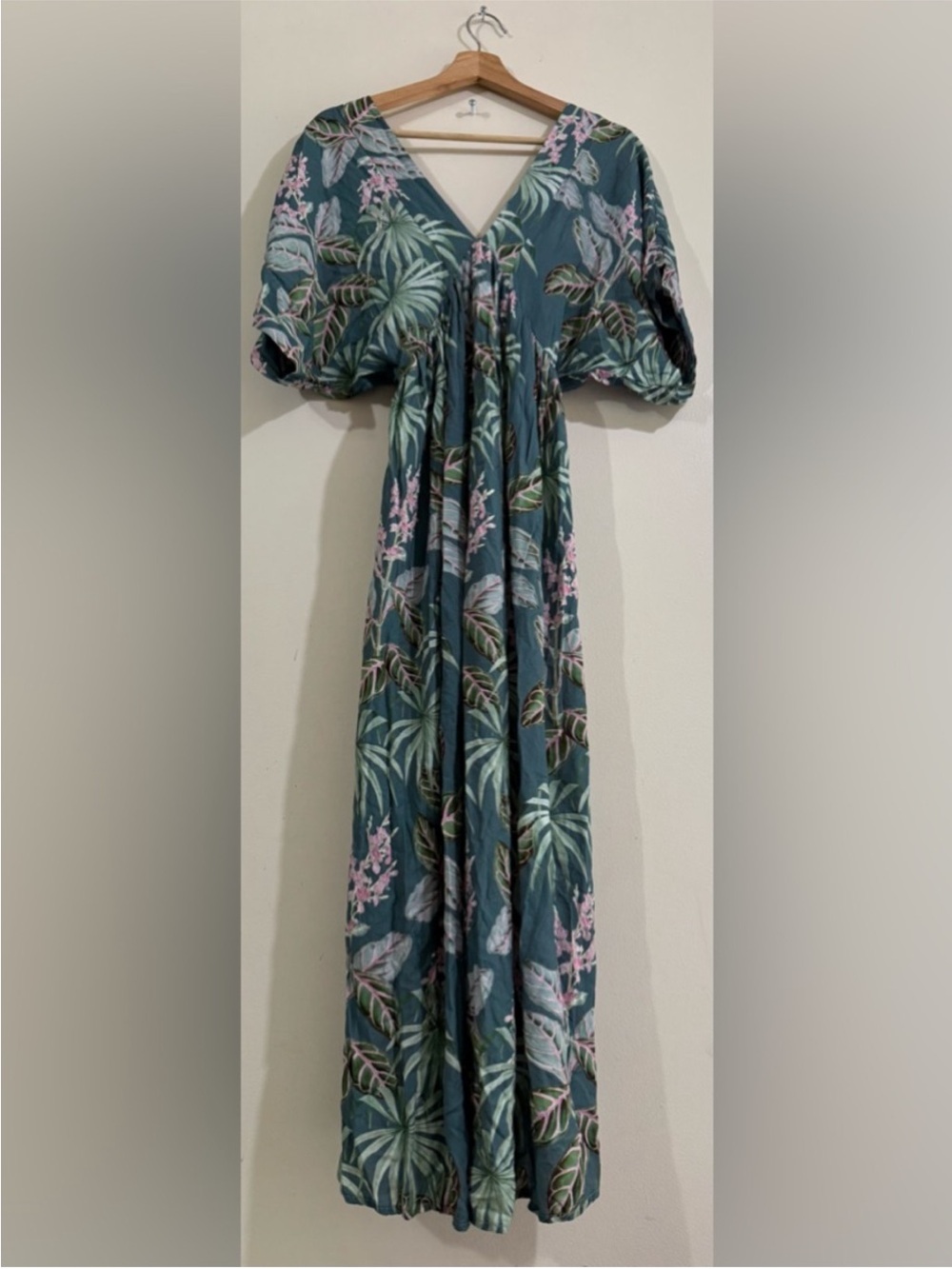 Malai Floral Teal Green V-Neck Maxi Dress with Puff Sleeves